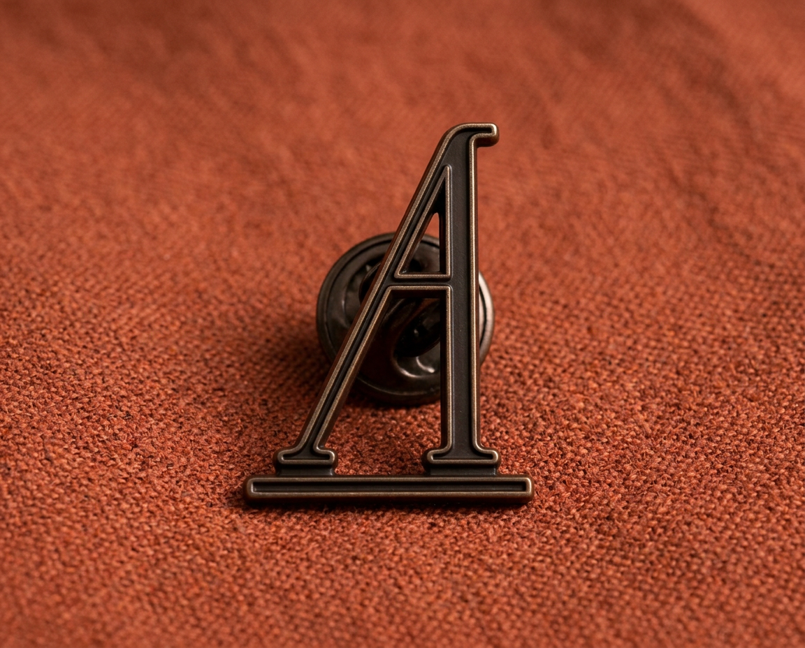 Pin metálico com o lettermark Auralis sobre tecido terracota