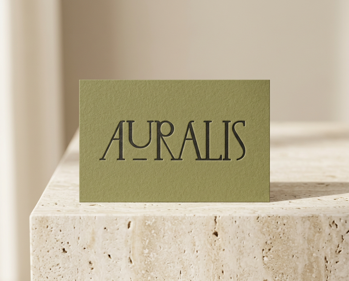 Cartão de visita Auralis em papel oliva com logotipo em relevo seco