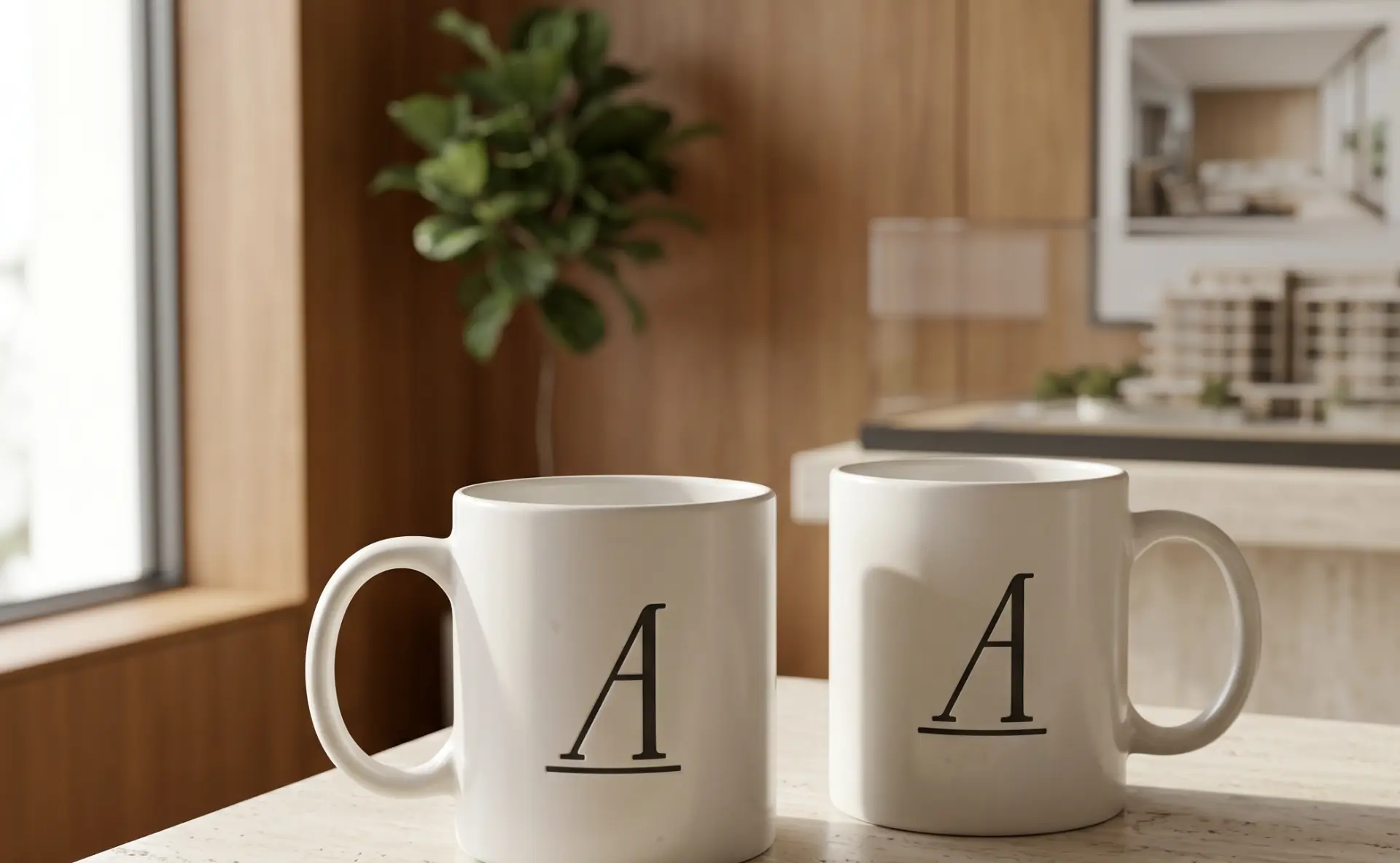 Duas canecas brancas com o lettermark Auralis sobre bancada de mármore