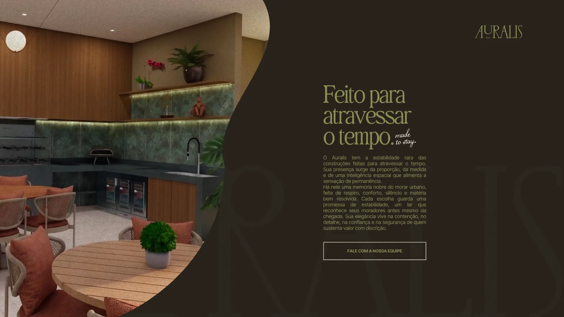 Composição em fundo Espresso com foto recortada em curva e headline em Olive