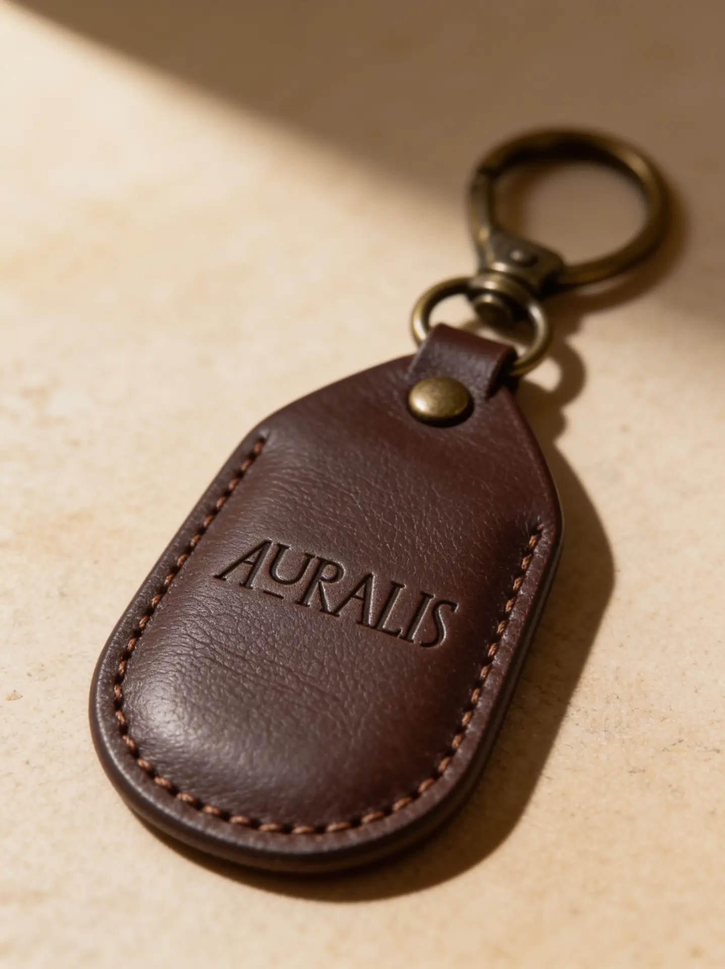 Chaveiro de couro Auralis com logotipo gravado em baixo relevo